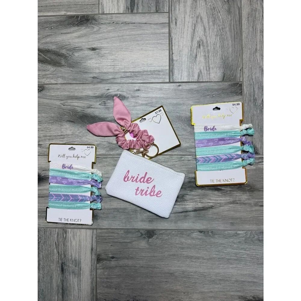 Bride Tribe White Pouch Pink Script and Pink Blue Scrunchie Keyring Set Bundle